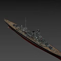 Detailed Military Battleship With Turrets Mast And Red Hull Structure