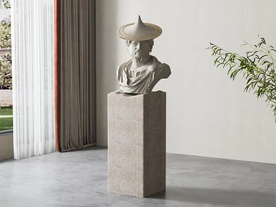 Elegant Sculpture Bust With Conical Hat On Stone Pedestal In Modern Indoor Space With Plant 3d model
