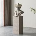 Elegant Sculpture Bust With Conical Hat On Stone Pedestal In Modern Indoor Space With Plant