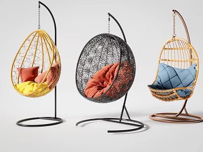 Colorful Woven Hanging Chairs With Metal Stands And Soft Cushions For Relaxation 3d model