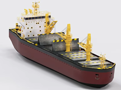 Cargo Ship with White Superstructure Red Hull and Yellow Cranes and Loading Areas on Deck 3d model