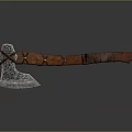 Decorative Axe With Intricate Metal Head And Wooden Handle Featuring Carved Texture
