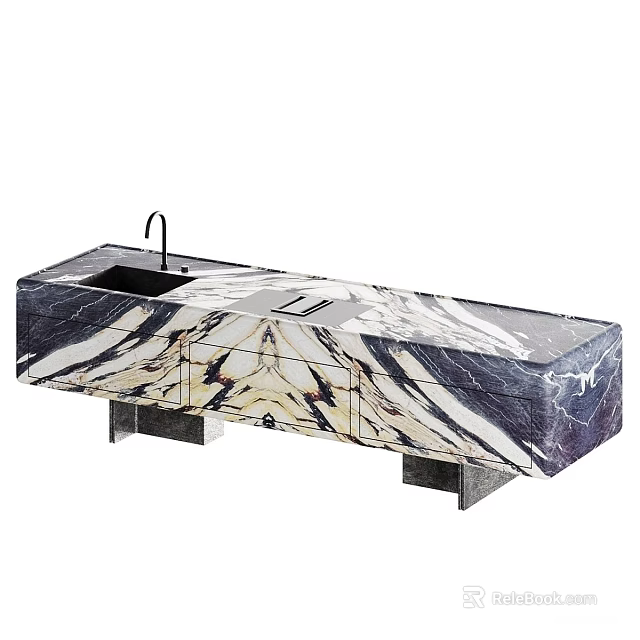 Marble Bar Counter With Black And White Veined Surface Integrated Sink And Modern Cabinet Design 3d model 
