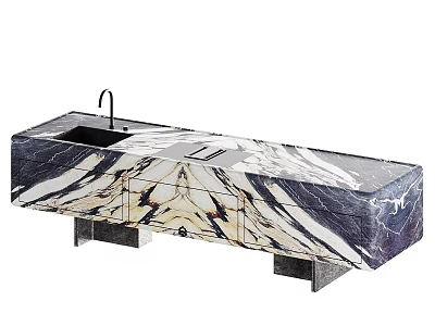 Marble Bar Counter With Black And White Veined Surface Integrated Sink And Modern Cabinet Design 3d model