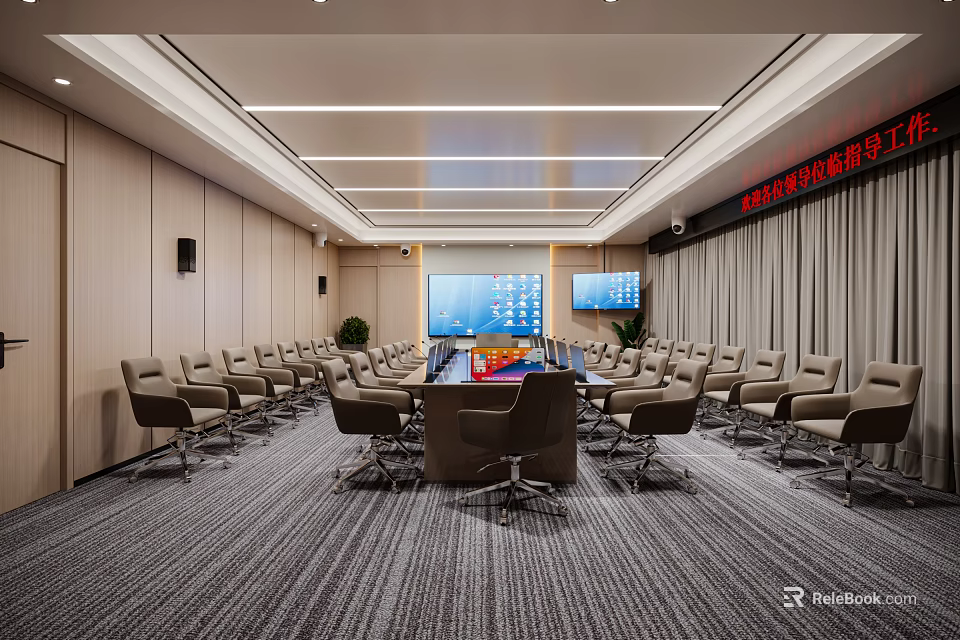 Modern Conference Room Interior Design With Large Table Multiple Chairs And Wall Mounted Screens 3d model