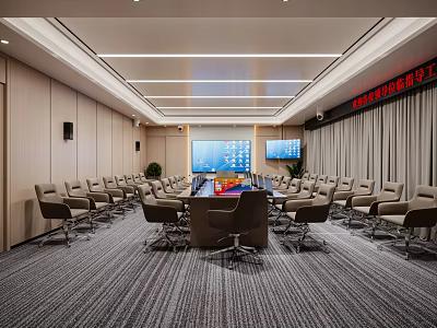 Modern Conference Room Interior Design With Large Table Multiple Chairs And Wall Mounted Screens 3d model
