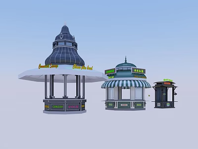 Three Outdoor Commercial Kiosk Structures With Various Roof Designs And Styles 3d model