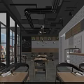 Modern Dessert Shop Interior With Black Ceiling Exposed Pipes And Wooden Tables