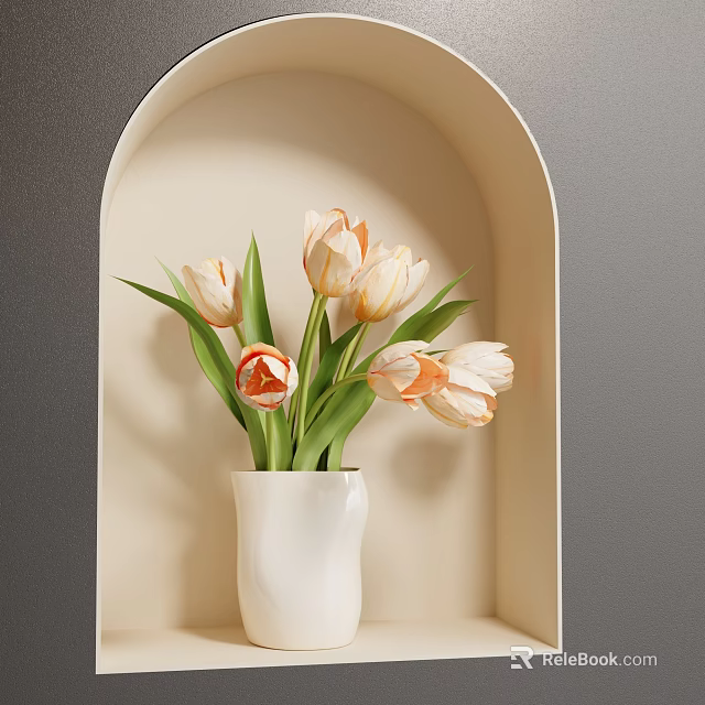 White Vase With Orange And White Gradient Tulips In Light Colored Arched Niche 3d model 