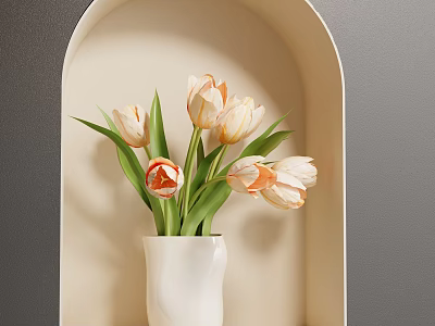 White Vase With Orange And White Gradient Tulips In Light Colored Arched Niche 3d model