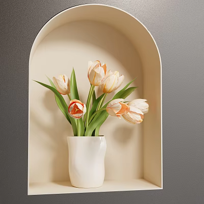 White Vase With Orange And White Gradient Tulips In Light Colored Arched Niche 3d model