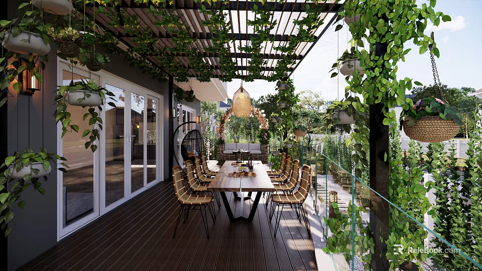 Lush Garden Landscape With Pergola Vines Wooden Deck And Outdoor Dining Setup 3d model 