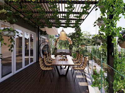 Lush Garden Landscape With Pergola Vines Wooden Deck And Outdoor Dining Setup 3d model