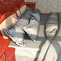 Classic Wooden Double Bed With Carved Headboard Gray Quilt Pillows Nightstands Scenic Painting