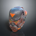 Tactical Weapon Helmet With Black Orange Accents Green Lights And Mechanical Design