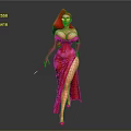 Game Movie Character In Red Sequined Dress High Slit Red Hair Pink Gloves Holding Wand