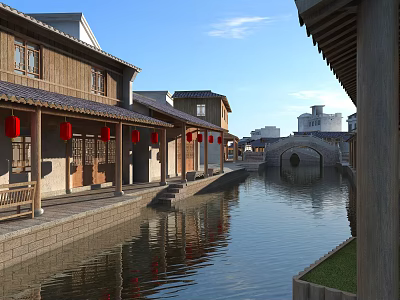 Traditional Commercial Street With Wooden Buildings Red Lanterns And Canal Stone Bridge 3d model