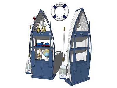 Stylish Blue Boat Shaped Decorative Cabinet With Life Ring And Globe Decor 3d model