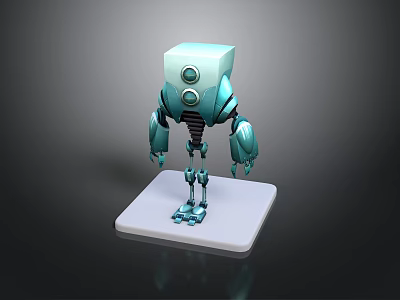 3D Light Blue Robot Model With Cubic Head Round Eyes And White Base 3d model