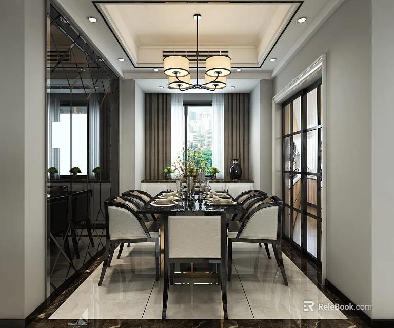 Modern Restaurant Interior With Dining Table Chairs Chandelier Plants And Large Windows 3d model 