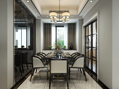Modern Restaurant Interior With Dining Table Chairs Chandelier Plants And Large Windows 3d model