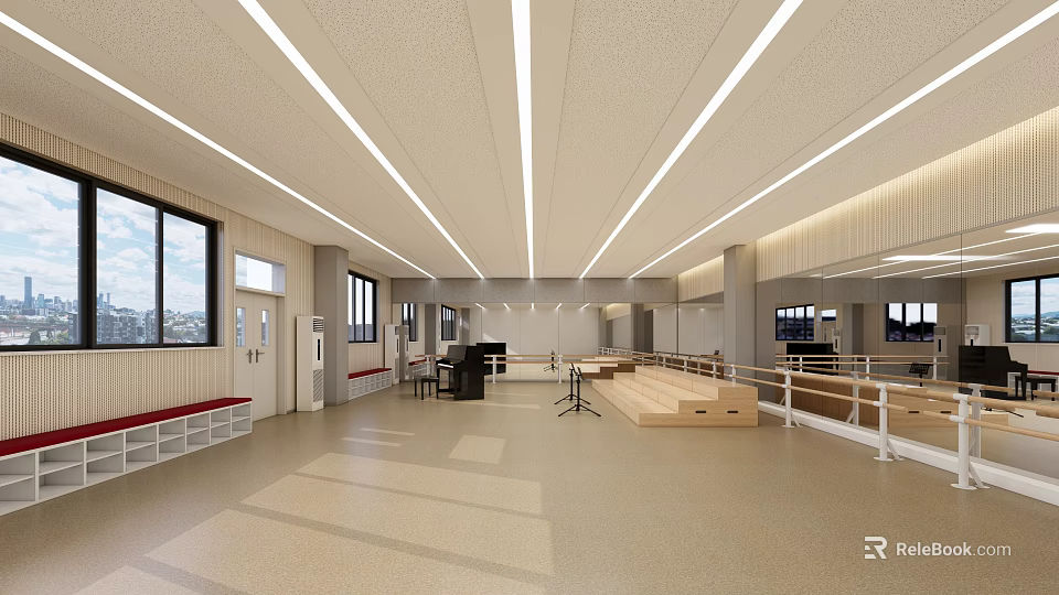 School Spacious Indoor Hall With Bright Lighting Large Windows And Wooden Benches 3d model 