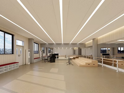 School Spacious Indoor Hall With Bright Lighting Large Windows And Wooden Benches 3d model