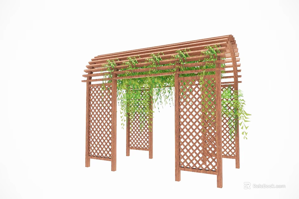 Wooden Pergola With Lattice Design And Climbing Green Plants For Garden 3d model 