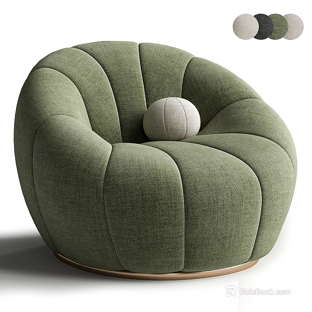 Green Single Fabric Sofa with Round Curved Stitching and White Ball Pillow on Gold Base 3d model 