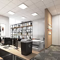 Modern Public Office Interior With Open Layout Desks Computers Bookshelves And Ceiling Lights 3d model
