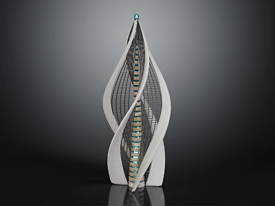 Modern Tower Building With Streamlined White Exterior Blue Gold Stripes And Blue Top Sphere 3d model