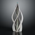 Modern Tower Building With Streamlined White Exterior Blue Gold Stripes And Blue Top Sphere