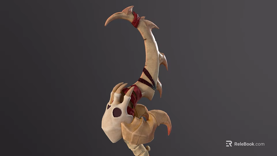 3D Model of Bone Structure with Red Accents and Curved Spiked Design 3d model 
