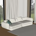 Light Gray Three-Seater Sofa With Cushions In Modern Living Room Large Windows Green Landscape View