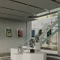 Modern Art Gallery Interior With Colorful Hanging Decorations White Pedestals Sculptures And Paintings