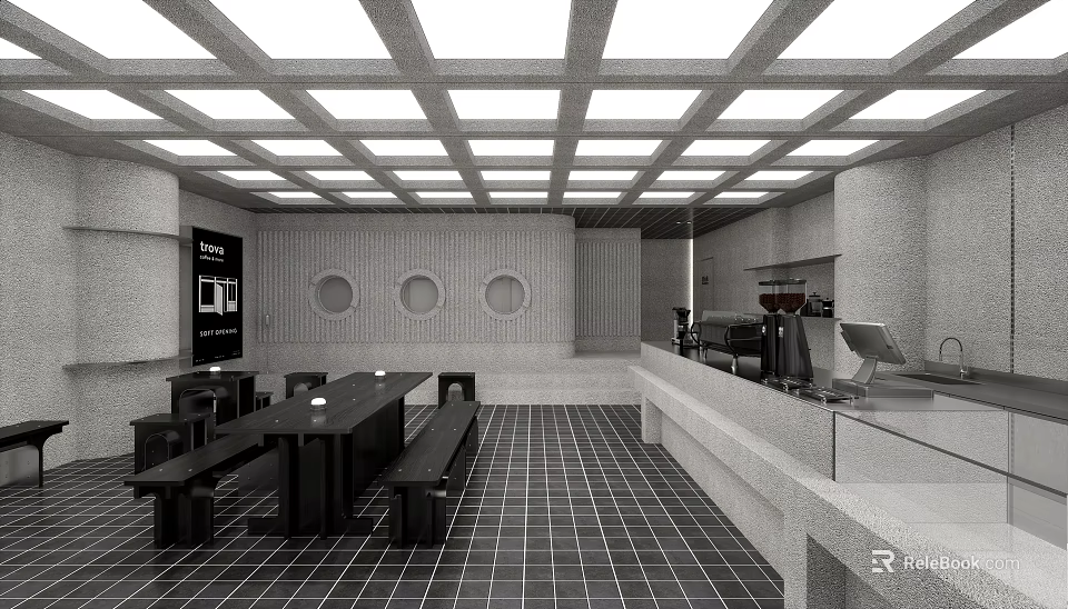 Modern Café with Grid Ceiling Circular Wall Decorations Long Table Benches Bar Checkerboard Flooring 3d model 