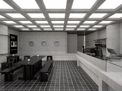 Modern Café with Grid Ceiling Circular Wall Decorations Long Table Benches Bar Checkerboard Flooring 3d model