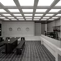 Modern Café with Grid Ceiling Circular Wall Decorations Long Table Benches Bar Checkerboard Flooring