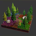 3D Forest Scene With Green Pine Trees Yellow Trees White Houses Red Ground And Grass