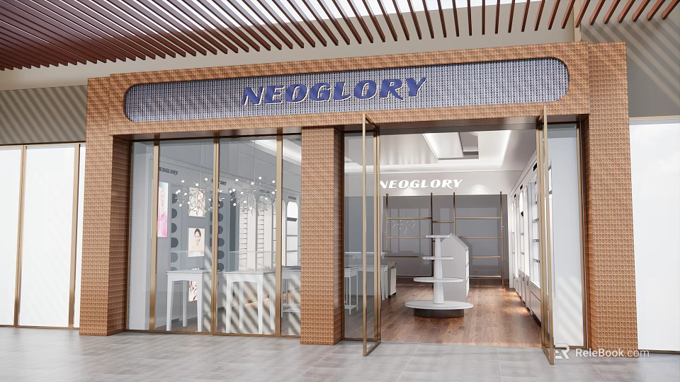 NEDGLORY Store Front With Glass Doors Brick Wall And Modern Interior Display Shelves 3d model 