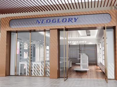 NEDGLORY Store Front With Glass Doors Brick Wall And Modern Interior Display Shelves 3d model