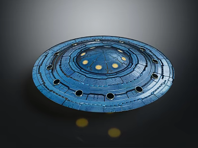 Circular Blue Chandelier with Yellow Lights and Holes in Modern Tech Inspired Design 3d model