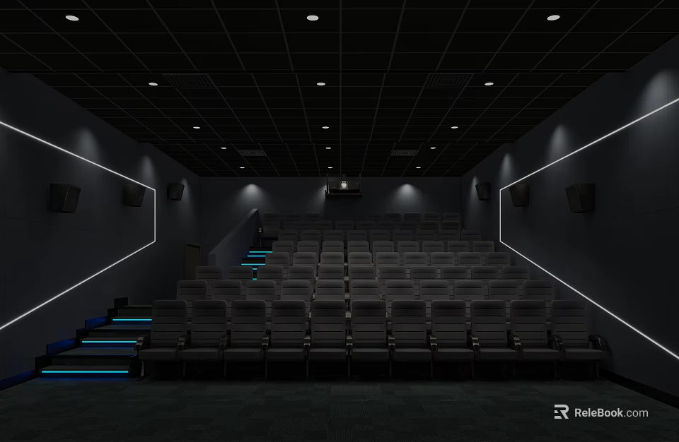 Modern Cinema Interior Design With Comfortable Seats Black Ceiling And Blue Step Lights 3d model 
