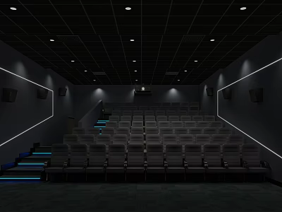 Modern Cinema Interior Design With Comfortable Seats Black Ceiling And Blue Step Lights 3d model