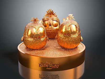 Golden Stylized Chick Figurines On Shiny Decorative Base 3d model