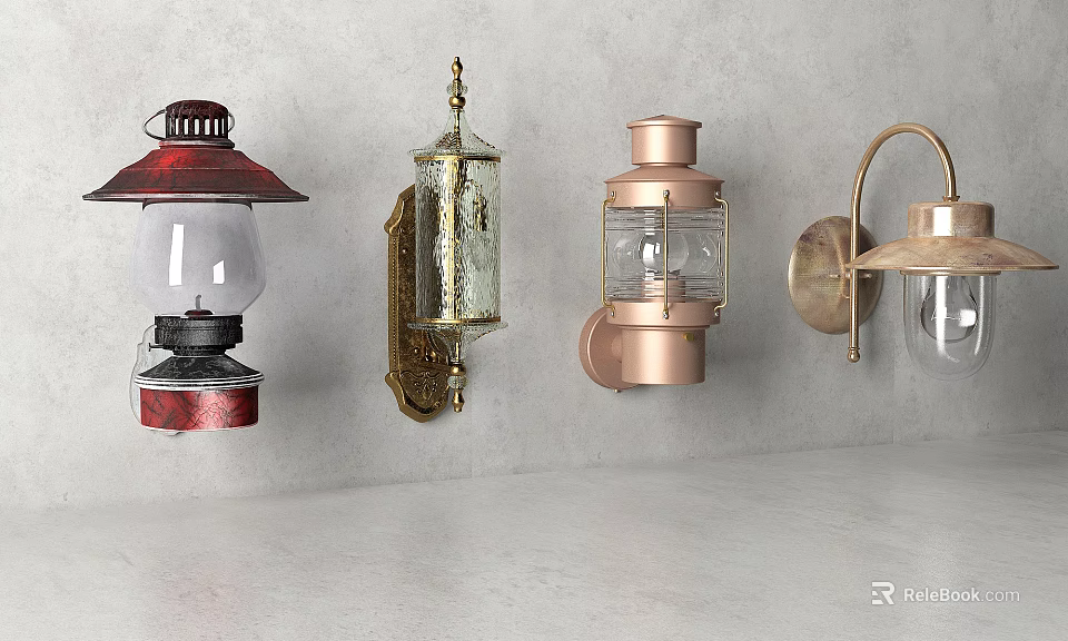 Various Stylish Wall Lamps with Vintage and Modern Designs on Gray Wall 3d model 