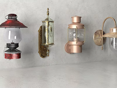 Various Stylish Wall Lamps with Vintage and Modern Designs on Gray Wall 3d model