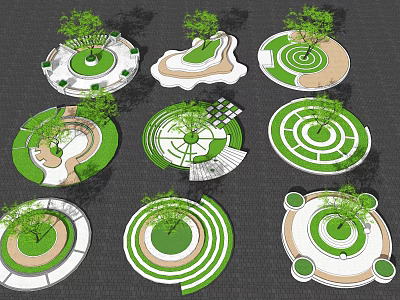 Various Tree Pit Landscape Designs With Circular Irregular Shapes And Green Turf Areas 3d model