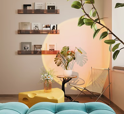 Cozy Leisure Room Interior With Yellow Stool Chair Plants And Shelves 3d model