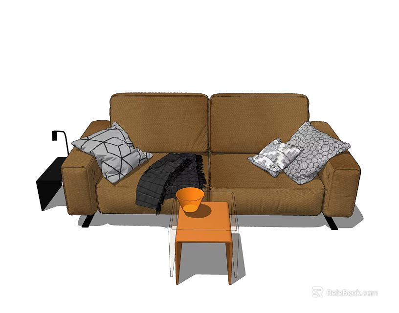 Brown Double Sofa With Geometric Pattern Pillows Gray Blanket And Small Orange Coffee Table 3d model